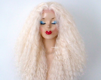 Lace front wig. Light Blonde curly hair wig. Heat friendly synthetic wig. Cosplay wig.