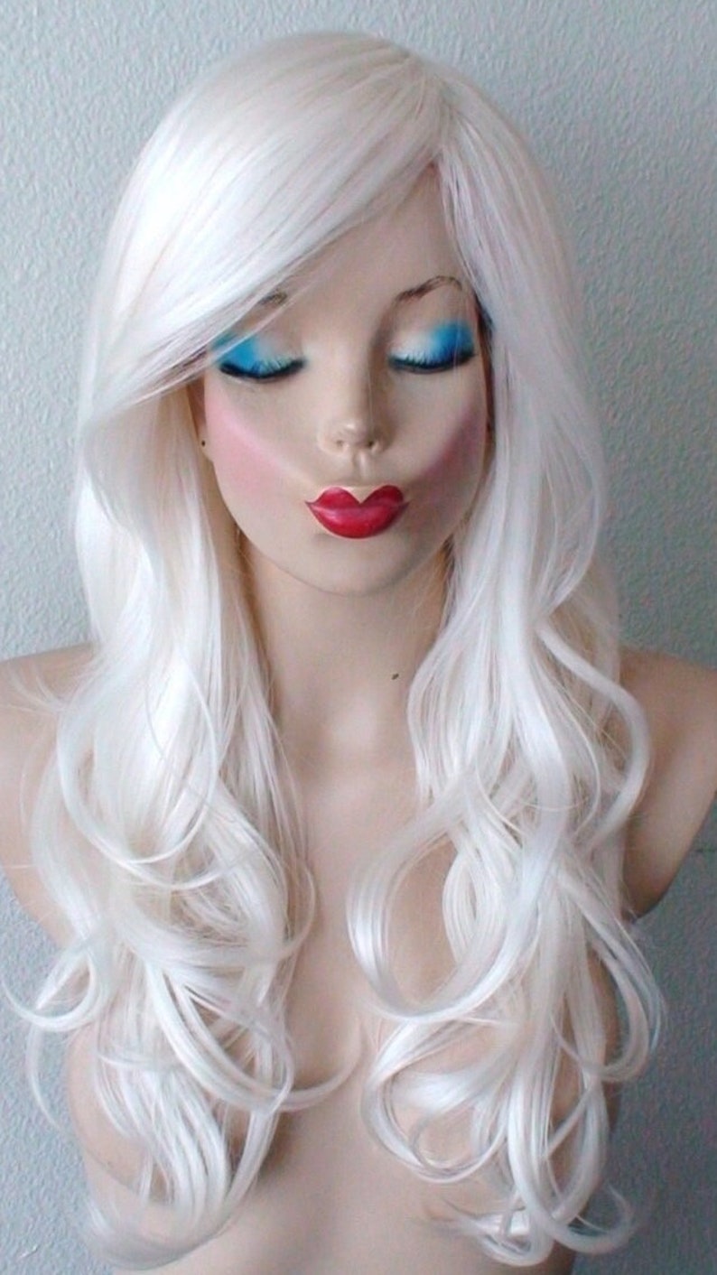 White wig. 26 Curly hair side bangs wig. Heat friendly synthetic hair wig. image 3