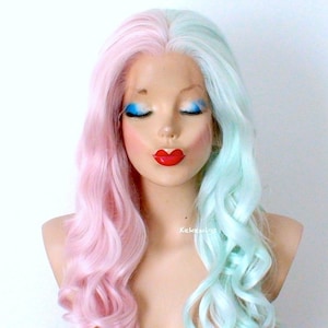 Lace front wig. Pastel Pink/Mint side-by-side wig. 28&quot; Curly hairstyle wig. Heat-friendly synthetic hair wig.