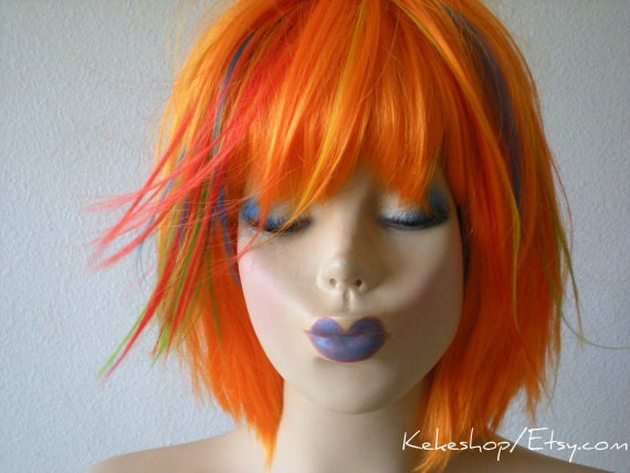 Short Wig Rainbow Wig Scene Hairstyle Wig Orange Wig Etsy