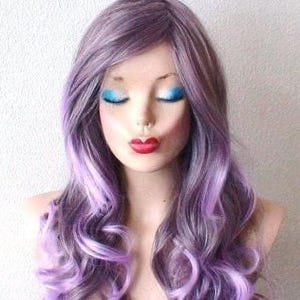 Pastel Lavender Ombre 26” Curly hair side bangs wig. Heat friendly synthetic hair wig.