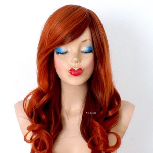 Copper Auburn Ombre wig. 26&quot; Curly hair side bangs wig. Heat friendly synthetic hair wig.