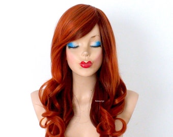 Copper Auburn Ombre wig. 26" Curly hair side bangs wig. Heat friendly synthetic hair wig.