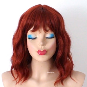 Copper red wig. 16&quot; Wavy wig with bangs. Heat friendly synthetic hair wig.