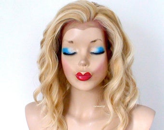 Lace front wig. Blonde wig. 16” Wavy hair wig. Heat friendly synthetic hair wig.