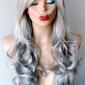 Grey Ombre wig. 26Curly hair side bangs wig. Heat friendly synthetic hair wig. image 2