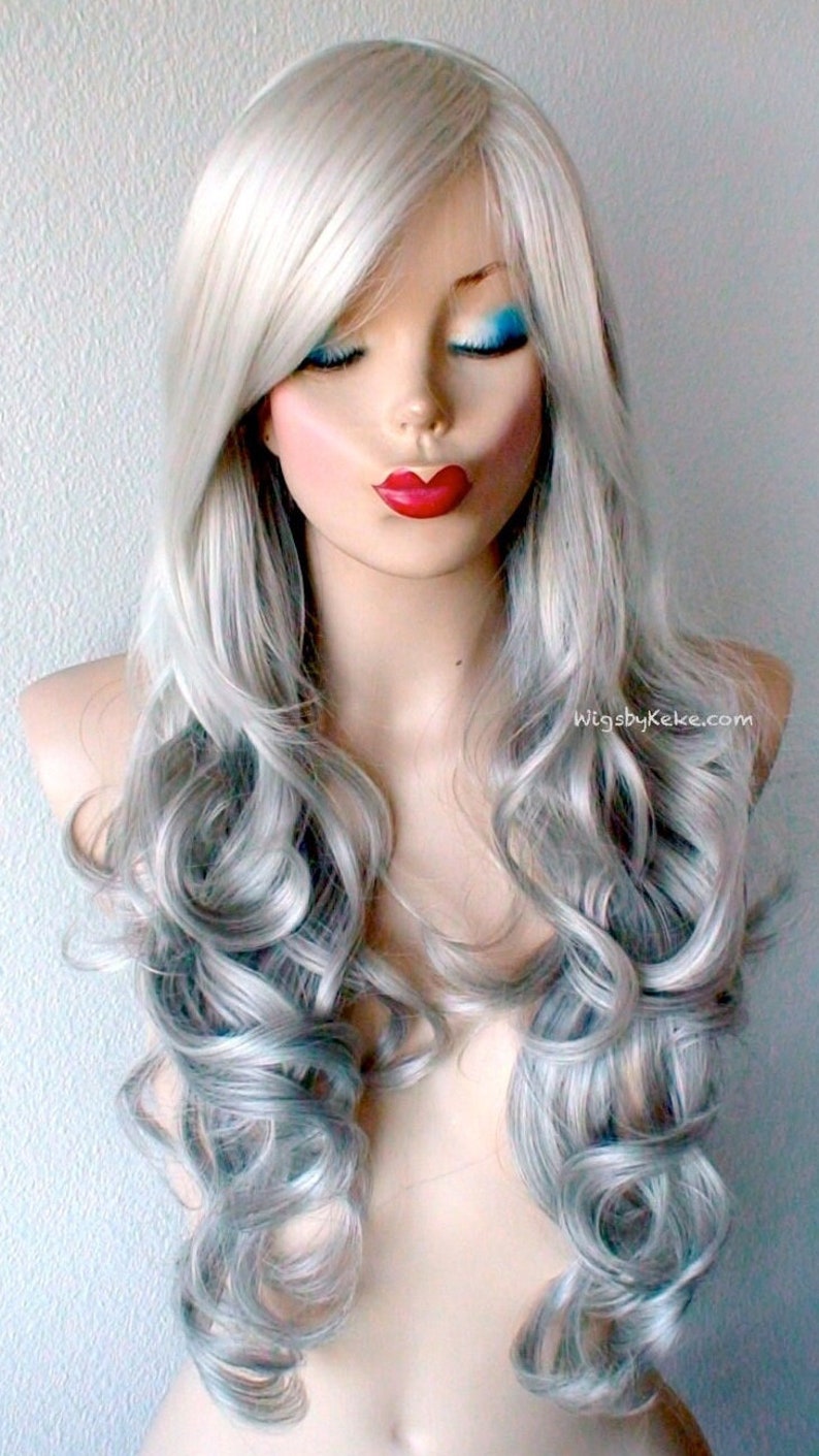 Grey Ombre wig. 26Curly hair side bangs wig. Heat friendly synthetic hair wig. image 2