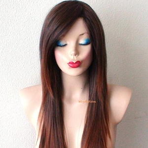 Brown Auburn ombre wig. 28&quot; Straight hair side bang wig. Heat-friendly synthetic hair wig.