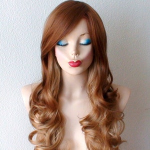 Honey blonde /Strawberry blonde Ombre wig. 26&quot; Curly hair side bangs wig. Heat friendly synthetic hair wig.