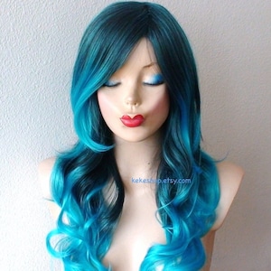Teal Blue Ombre wig. 26" Curly hair side bangs wig. Heat friendly synthetic hair wig.