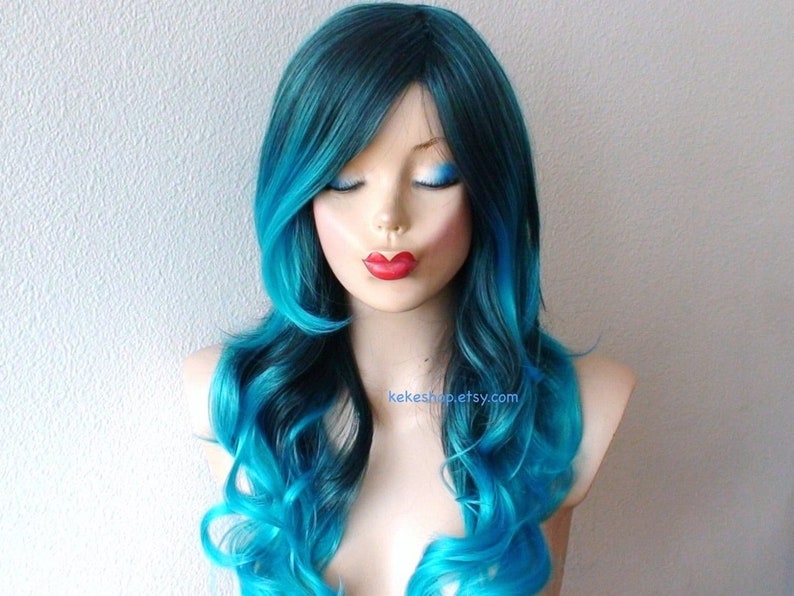 Teal Blue Ombre wig. 26 Curly hair side bangs wig. Heat friendly synthetic hair wig. image 1