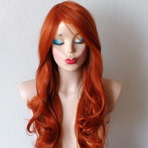 Ginger orange wig. 26” Curly hair side bangs wig. Heat friendly synthetic hair wig.