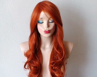 Ginger orange wig. 26” Curly hair side bangs wig. Heat friendly synthetic hair wig.