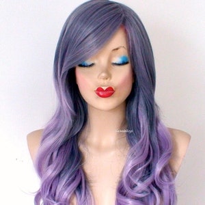 Dusty lavender ombre wig. 26” Curly hair side bangs wig. Heat-friendly synthetic hair wig.