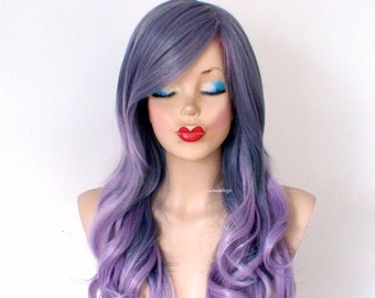 Pastel dusty lavender ombre wig. 26” Curly hair side bangs wig. Heat friendly synthetic hair wig.