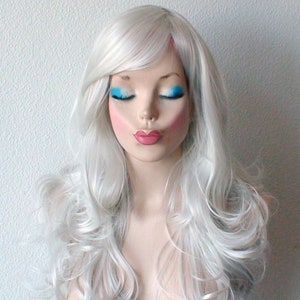 Bright Gray wig. 26" Curly hair side bangs wig. Heat-friendly synthetic hair wig.