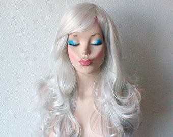 Silver wig. Light gray wig. 26" Curly hair side bangs wig. Heat friendly synthetic hair wig.