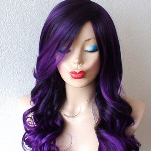 Purple ombre wig. 26" Curly hair side bangs wig. Heat friendly synthetic hair wig.