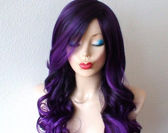 Purple ombre wig. 26" Curly hair side bangs wig. Heat friendly synthetic hair wig.