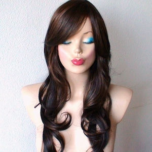 Dark brunette wig. 26&quot; Curly hair wig with side bangs. Heat friendly synthetic hair wig.
