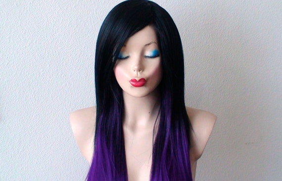 Ombre Wig Black Purple Long Straight Hair Long Side Bangs Wig Durable Heat Friendly Wig For Daily Use Or Cosplay