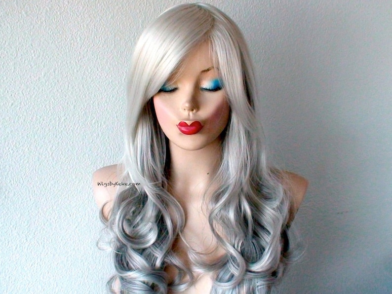 Grey Ombre wig. 26Curly hair side bangs wig. Heat friendly synthetic hair wig. image 1