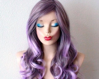 Pastel Lavender Ombre 26” Curly hair side bangs wig. Heat friendly synthetic hair wig.