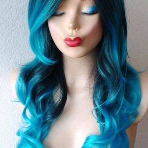 Teal Blue Ombre wig. 26 Curly hair side bangs wig. Heat friendly synthetic hair wig. image 2