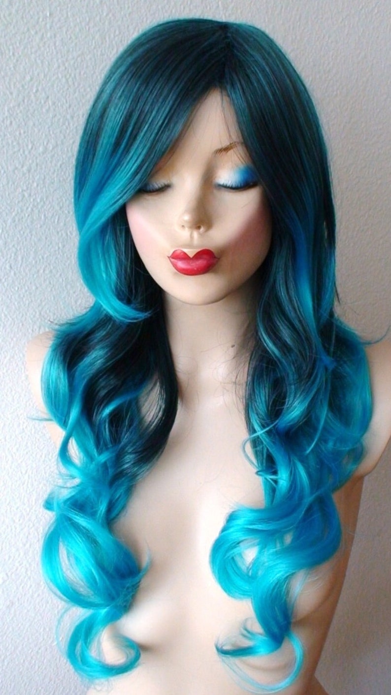 Teal Blue Ombre wig. 26 Curly hair side bangs wig. Heat friendly synthetic hair wig. image 2