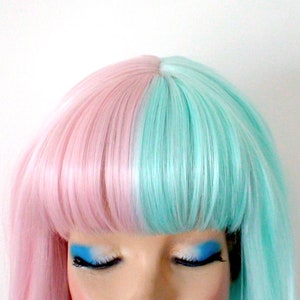 Pastel Pink Mint side by side wig. 28 Straight layered hair with bangs wig. Heat friendly synthetic hair wig. image 5