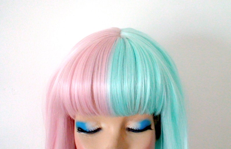 Pastel Pink Mint side by side wig. 28 Straight layered hair with bangs wig. Heat friendly synthetic hair wig. image 5