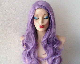 Lavender wig. 26” Curly hair side bangs wig. Heat friendly synthetic hair wig.