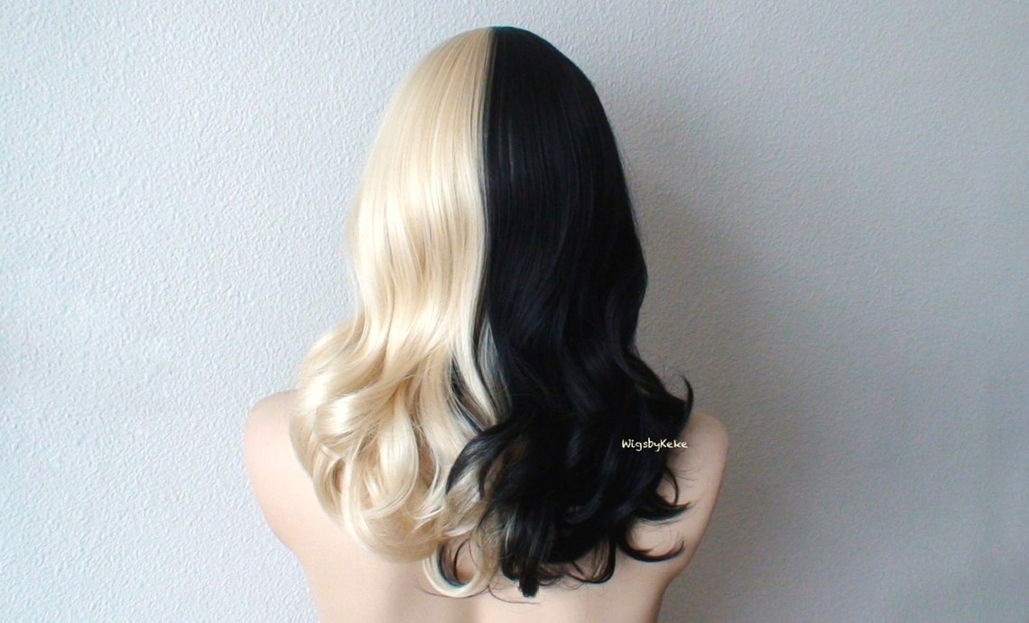 Blonde/Black wig. Half Blonde Half Black wig. Short wavy hair Etsy