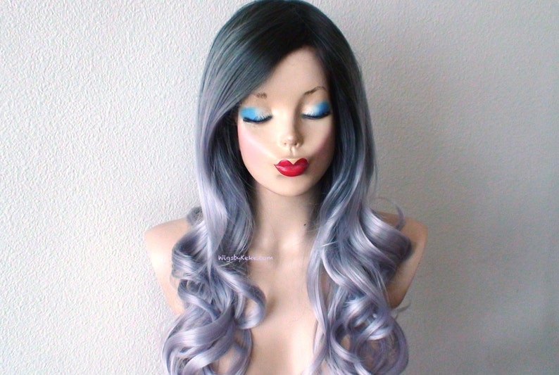 Ombre Wig Metallic Gray Wig Dark Roots Wig Long Curly Hair Etsy