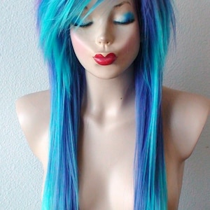 Scene wig. Purple teal ombre wig. Straight layered hair side bangs wig. Heat Frindly synthetic hair wig. image 2