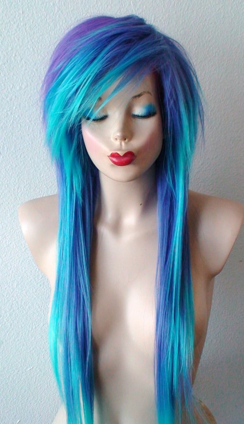 Scene wig. Purple teal ombre wig. Straight layered hair side bangs wig. Heat Frindly synthetic hair wig. image 2