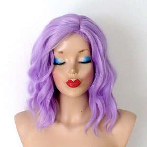 Lavender wig. 16&quot; Wavy hair wig. Heat friendly synthetic hair wig.