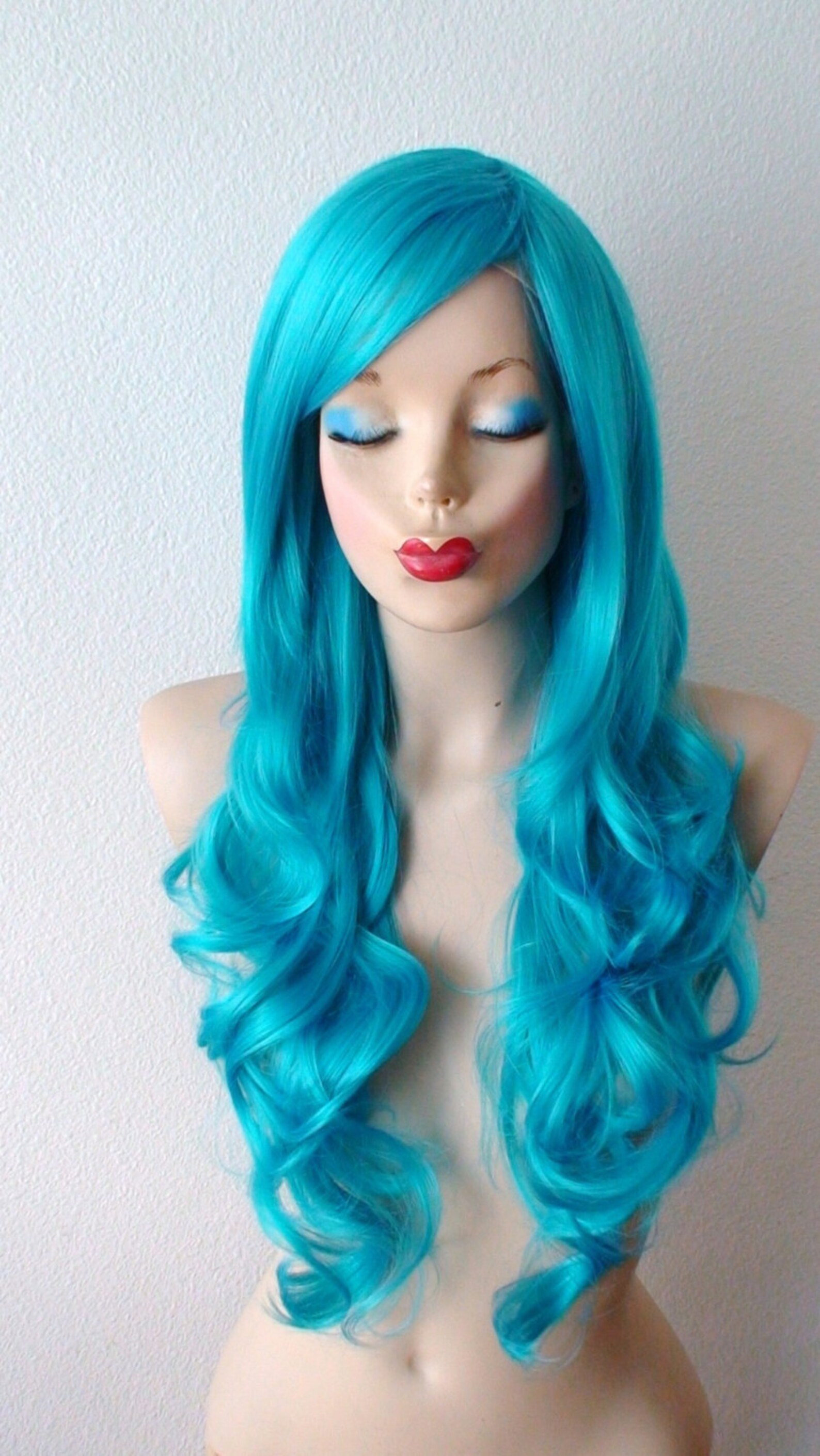 Teal Blue Wig. 26 Curly Hair Side Bangs Wig. Heat Etsy