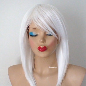 White wig. 16" Straight hair with bangs wig. Heat friendly synthetic hair wig.