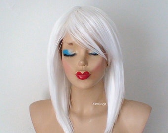 White wig. 16" Straight hair with bangs wig. Heat friendly synthetic hair wig.