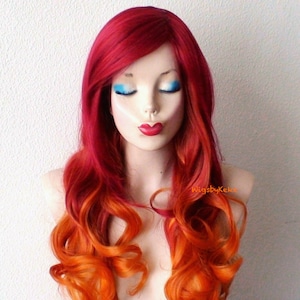 Wine red / Ginger Orange Ombre wig. 26&quot; Curly hair side bangs wig. Heat friendly synthetic hair wig.