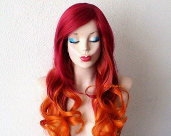 Wine red / Ginger Orange Ombre wig. 26" Curly hair side bangs wig. Heat friendly synthetic hair wig.