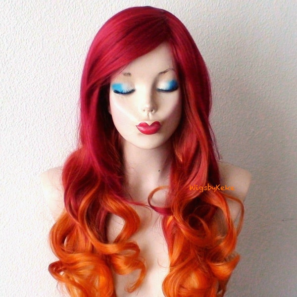 Wine red / Ginger Orange Ombre wig. 26" Curly hair side bangs wig. Heat friendly synthetic hair wig.