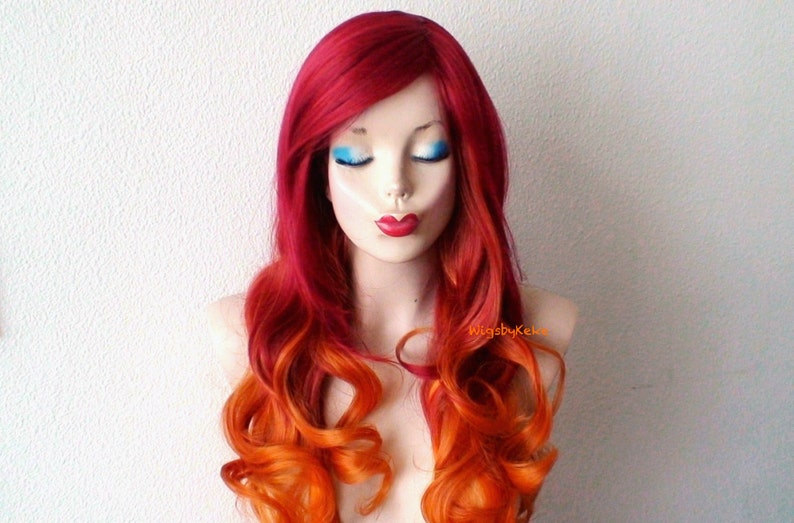 Wine red / Ginger Orange Ombre wig. 26 Curly hair side bangs wig. Heat friendly synthetic hair wig. image 1