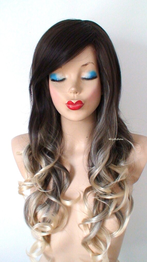 Brown Blonde Ombre Wig Long Curly Hair Long Side Bangs Wig Heat Friendly Synthetic Wig Everyday Wig Cosplay Wig