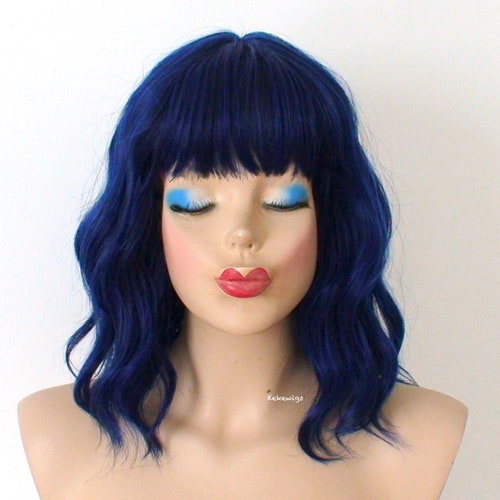 Black Blue Wig. 16 Wavy Wig With Bangs. Heat Friendly - Etsy Black Blue Wig. 16 Wavy Wig With Bangs. Heat Friendly - Etsy