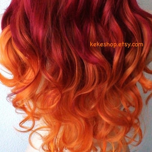 Wine Red / Orange Ombre wig. 26&quot; Curly hair side bangs wig. Heat friendly synthetic hair wig.