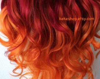 Wine Red / Orange Ombre wig. 26" Curly hair side bangs wig. Heat friendly synthetic hair wig.