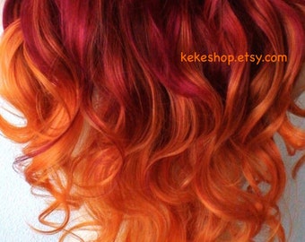 Wijnroodoranje ombre-pruik: 26" gekruld synthetisch haar