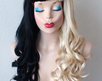 Two-tone Wig: Black & Blonde Curly Wig With Bangs, 28 display picture 1